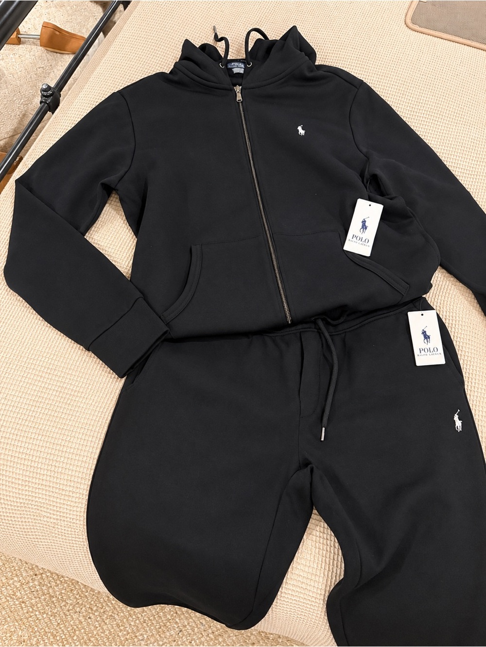 Men's black zip-up hoodie and sweatpants
